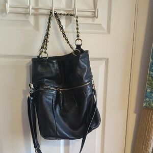 B. Makowsky Black Leather And Leopard Print Bag